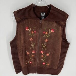 DESIGNERS STUDIO ORIGINALS Suede Vest Womens L Brown Boho Floral Embroidered